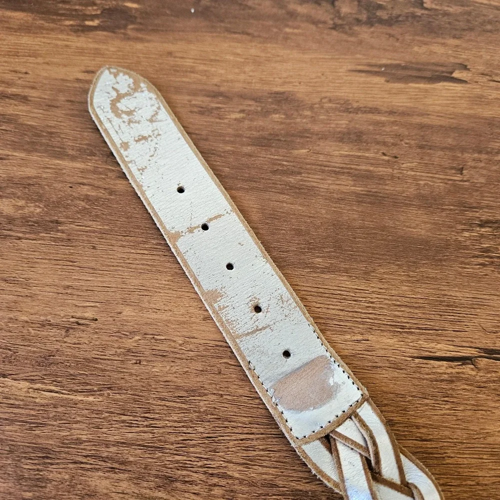J.Jill Vintage Aged Silver Brown Painted Leather Braided Belt Wide Statement L